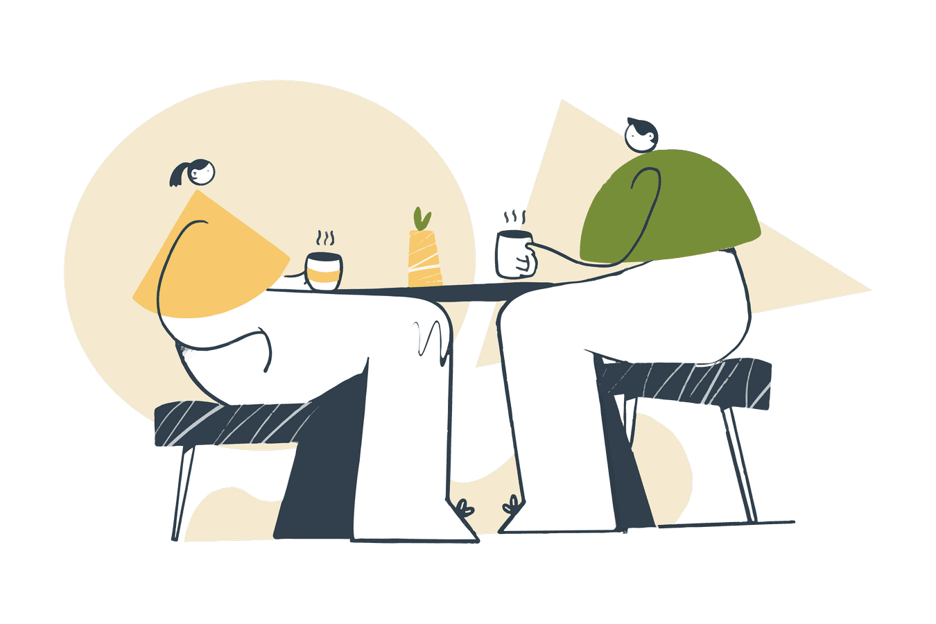Two people drinking coffee and talking at a small table