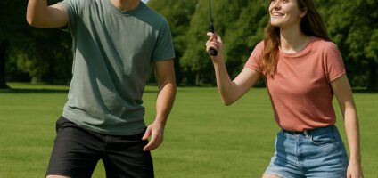 Playing badminton outdoors during a dynamic shuttlecock rally