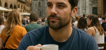 Nella foto sono seduto in un accogliente caffè a un tavolo di legno, mentre sorseggio un caffè profumato da una tazza bianca.