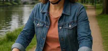 Glückliche Frau um die 58 fährt entspannt mit dem Fahrrad durch die Natur