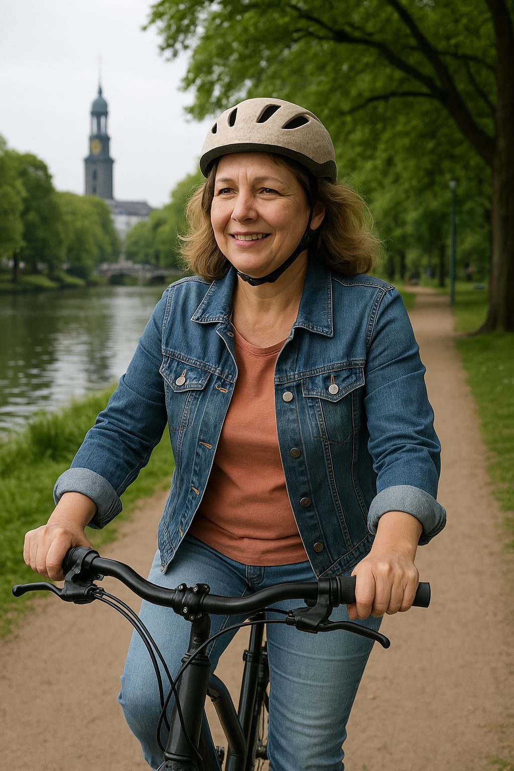 Glückliche Frau um die 58 fährt entspannt mit dem Fahrrad durch die Natur