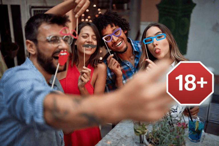 A group of friends having fun at a party, putting on masks and taking selfies as a keepsake.